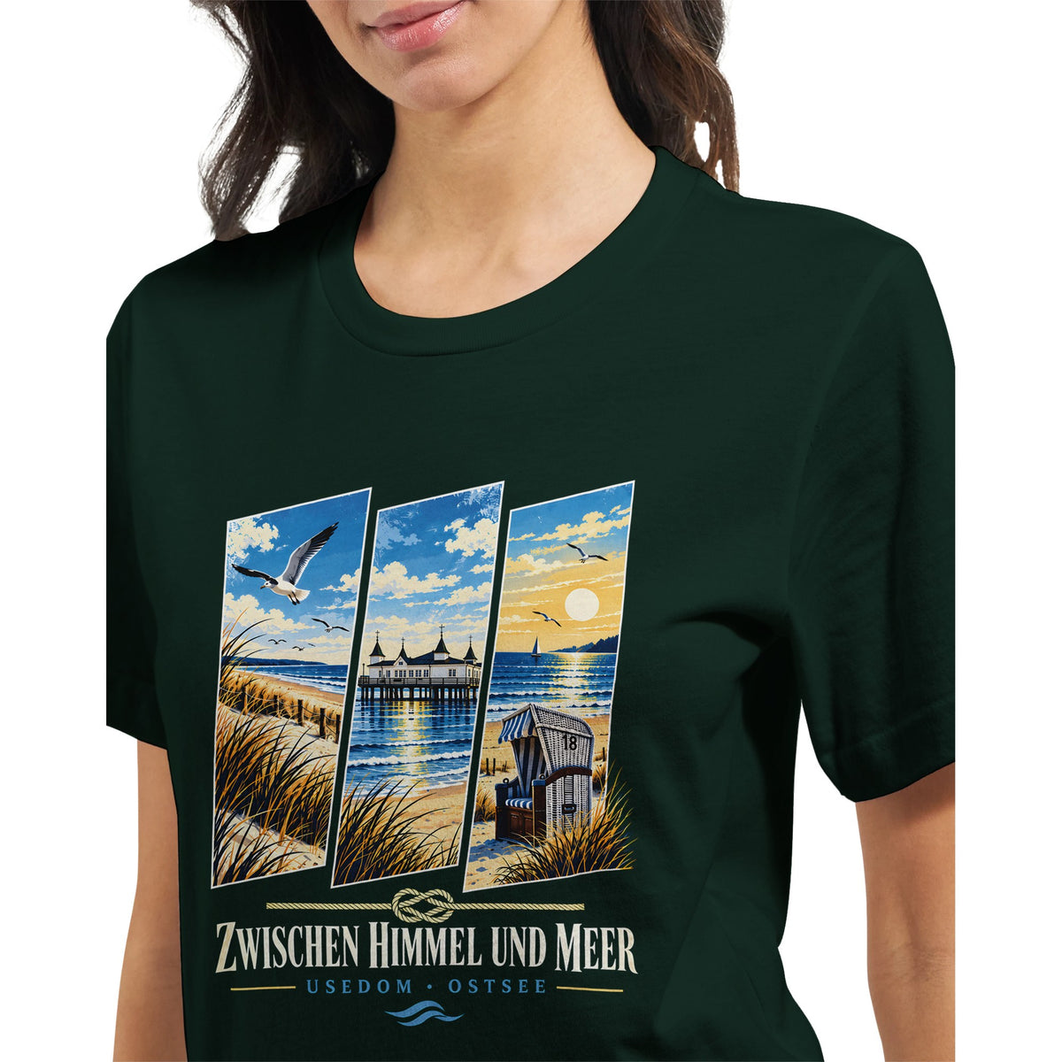 Unisex T-Shirt mit einem Küstenmotiv der Ostseeinsel Usedom. Seebrücke und Strandkorb stehen im Mittelpunkt der illustrierten Strandszene.