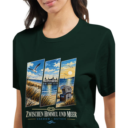 Unisex T-Shirt mit einem Küstenmotiv der Ostseeinsel Usedom. Seebrücke und Strandkorb stehen im Mittelpunkt der illustrierten Strandszene.