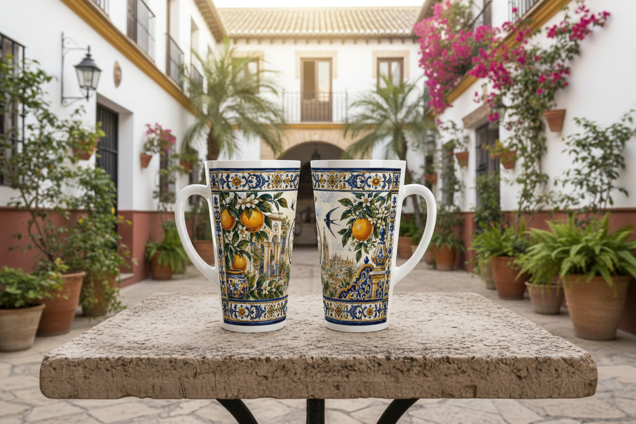 Latte-Tasse mit kunstvollen blau-goldenen Azulejo-Ornamenten und dekorativen spanischen Keramikdetails