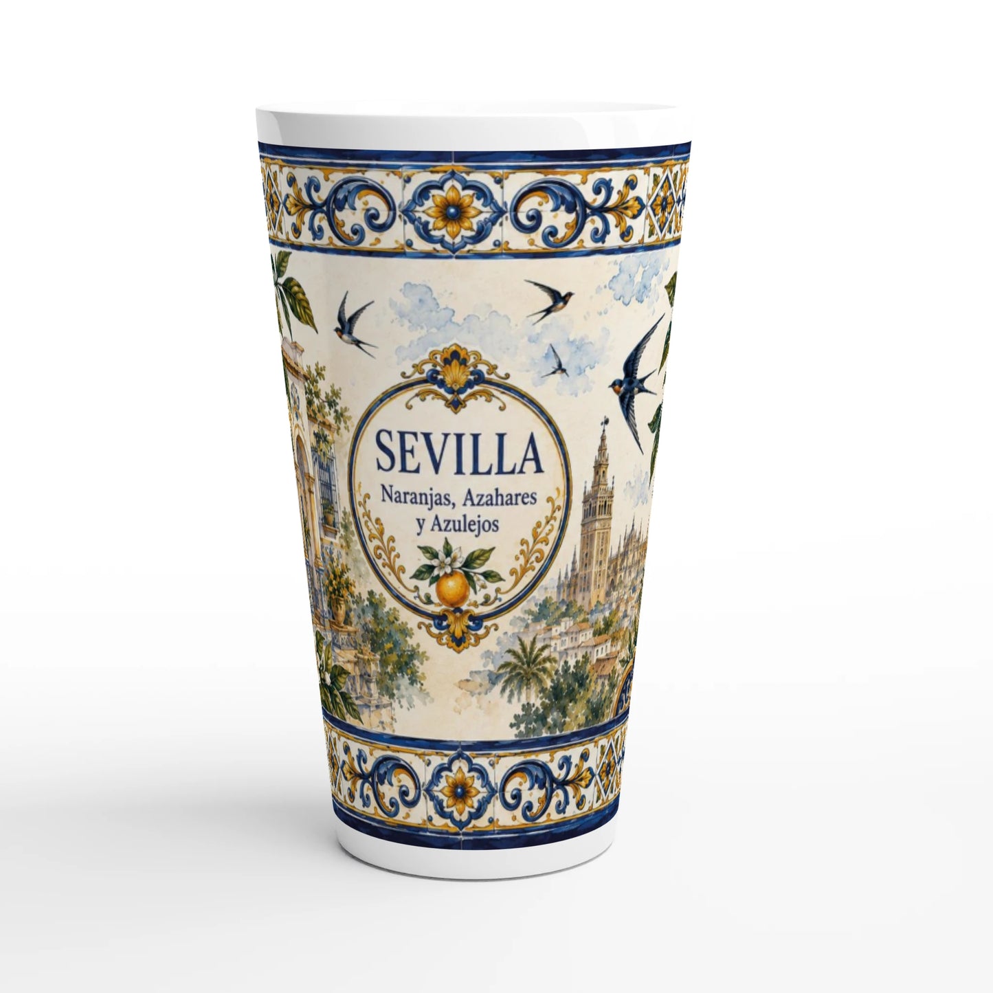 Sevilla Latte Tasse 440 ml mit Orangen, weißen Orangenblüten, blau-goldenen Azulejos und der Giralda