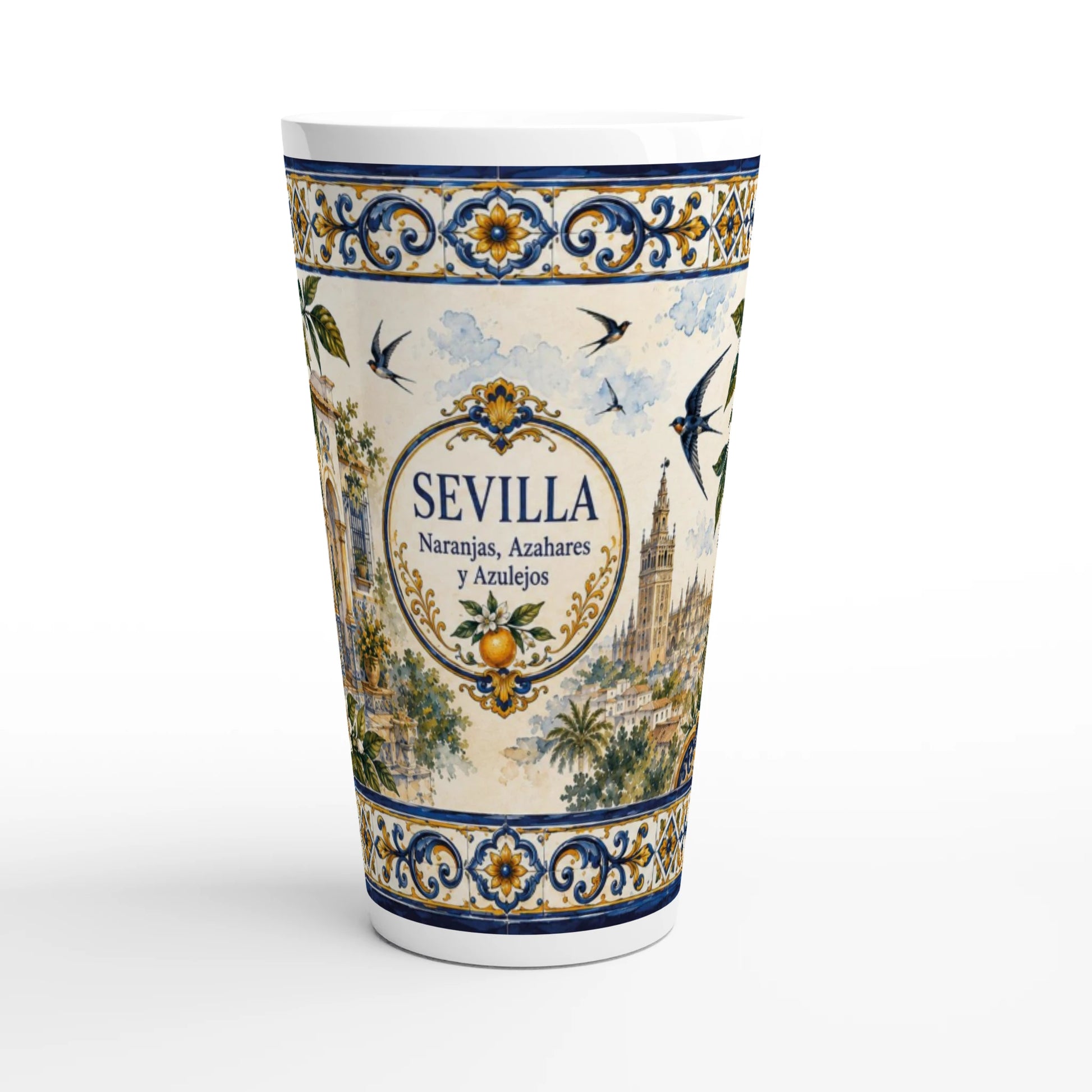 Sevilla Latte Tasse 440 ml mit Orangen, weißen Orangenblüten, blau-goldenen Azulejos und der Giralda