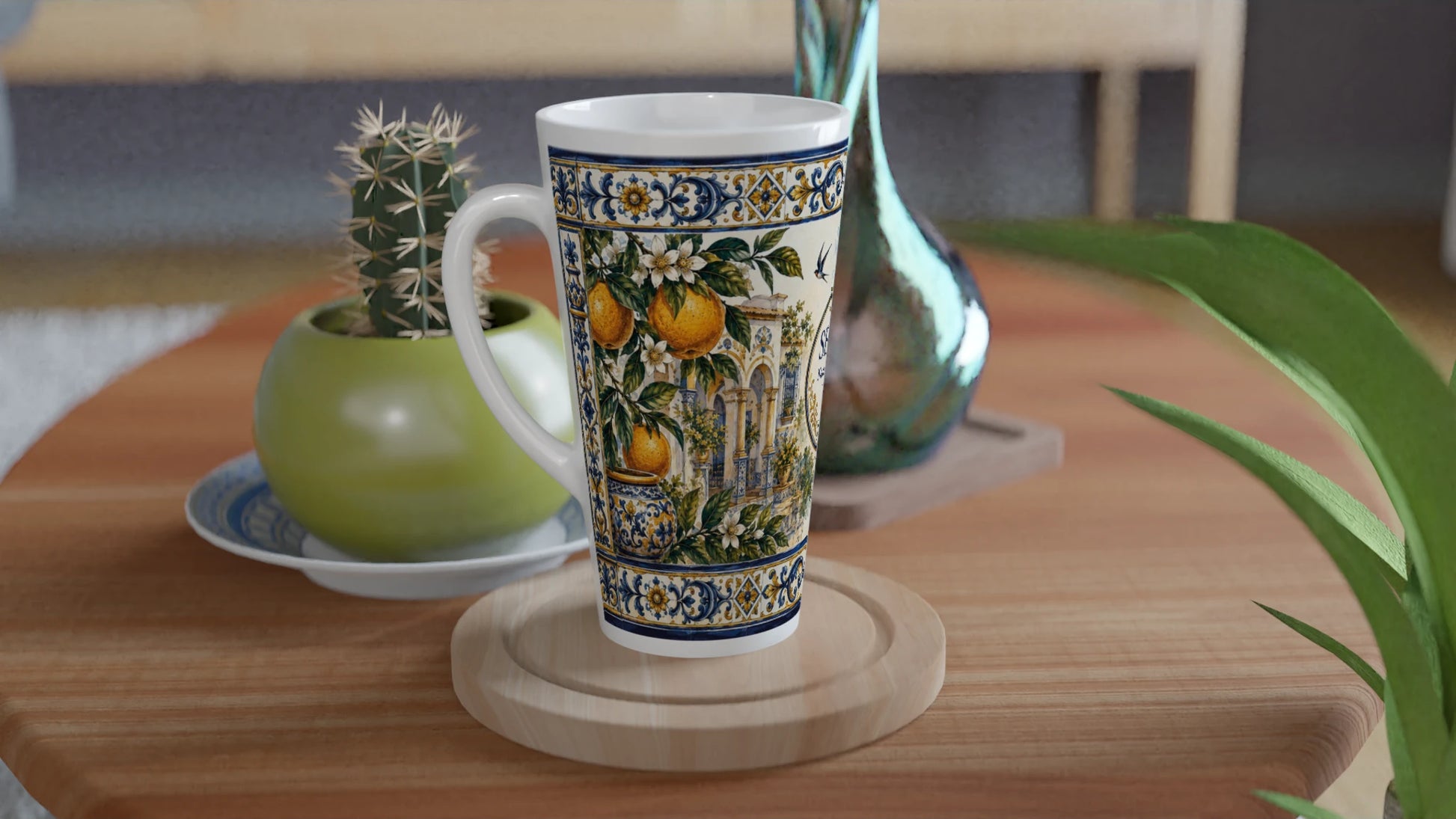 Sevilla Tassenmotiv mit reifen Orangen, weißen Orangenblüten und dunkelgrünem Laub im mediterranen Stil