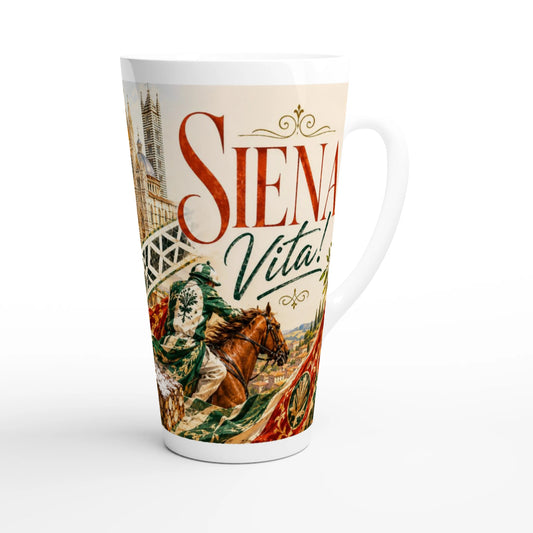 Weiße Latte Tasse mit Dom von Siena, Torre del Mangia und warmer toskanischer Stadtcollage