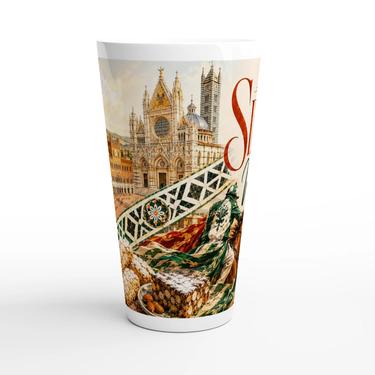 Siena Tasse mit Palio-Reiter, historischen Ornamenten und toskanischer Landschaft