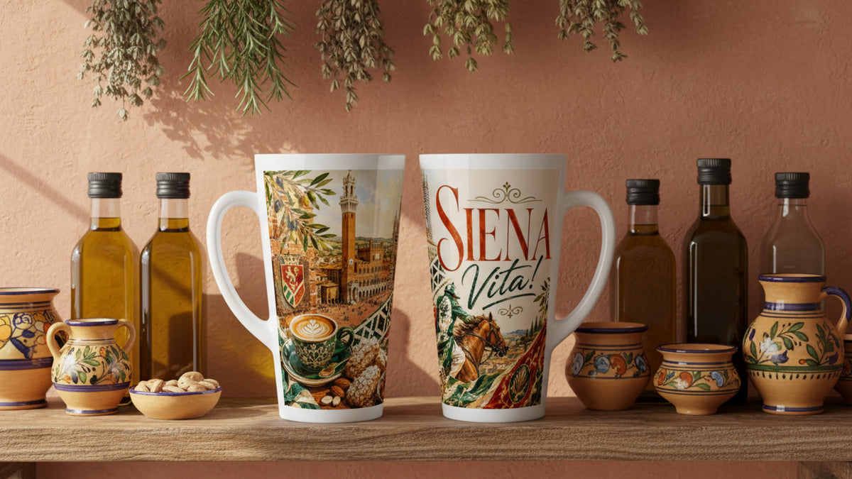 Siena Vita Latte Tasse mit großem Schriftzug in Terrakotta und Grün sowie historischen Stadtmotiven