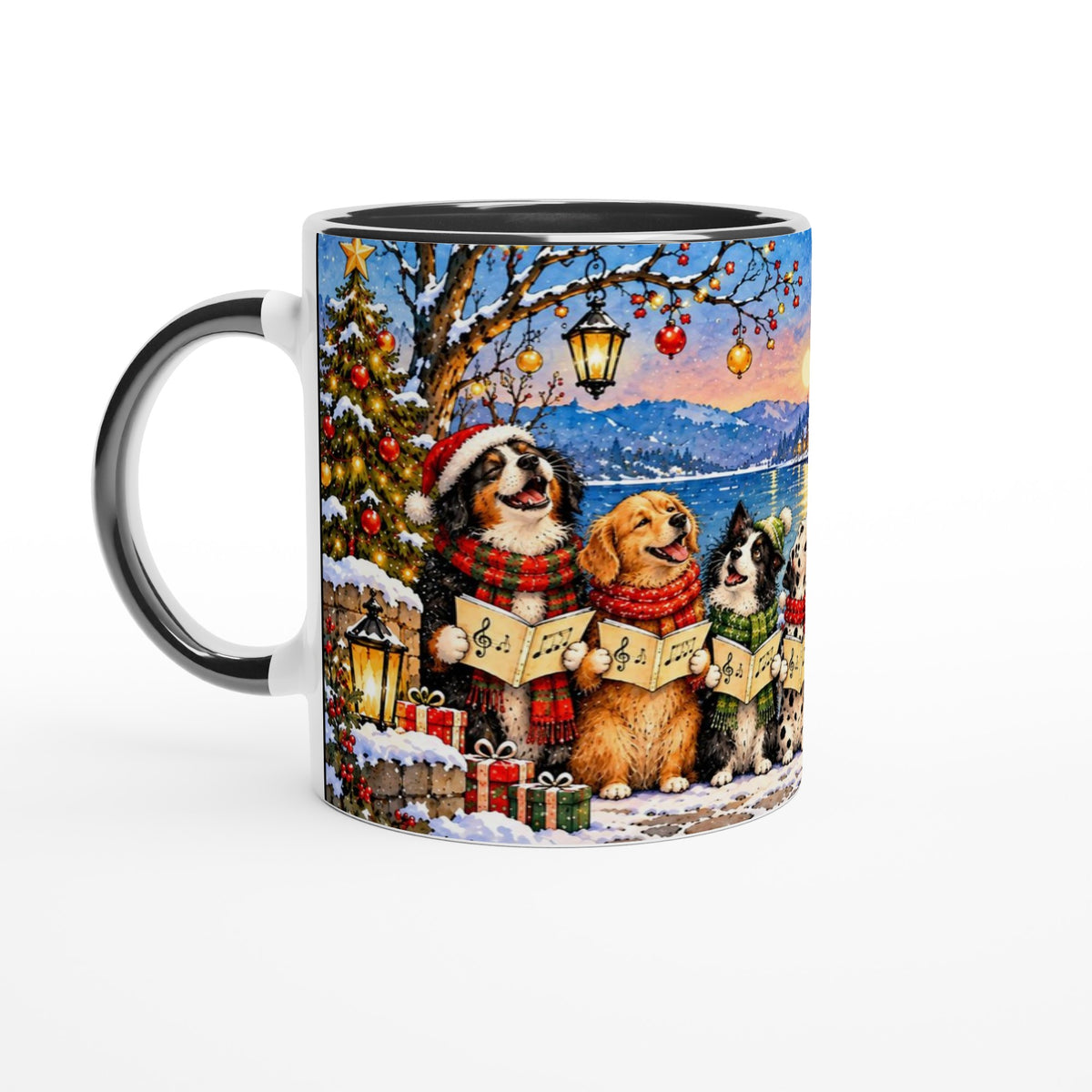 Tasse mit rund 330 ml Fassungsvermögen und einem Weihnachtsmotiv aus singenden Hunden. Die winterliche Illustration ist eine Geschenkidee für Hundefreunde in der Adventszeit.