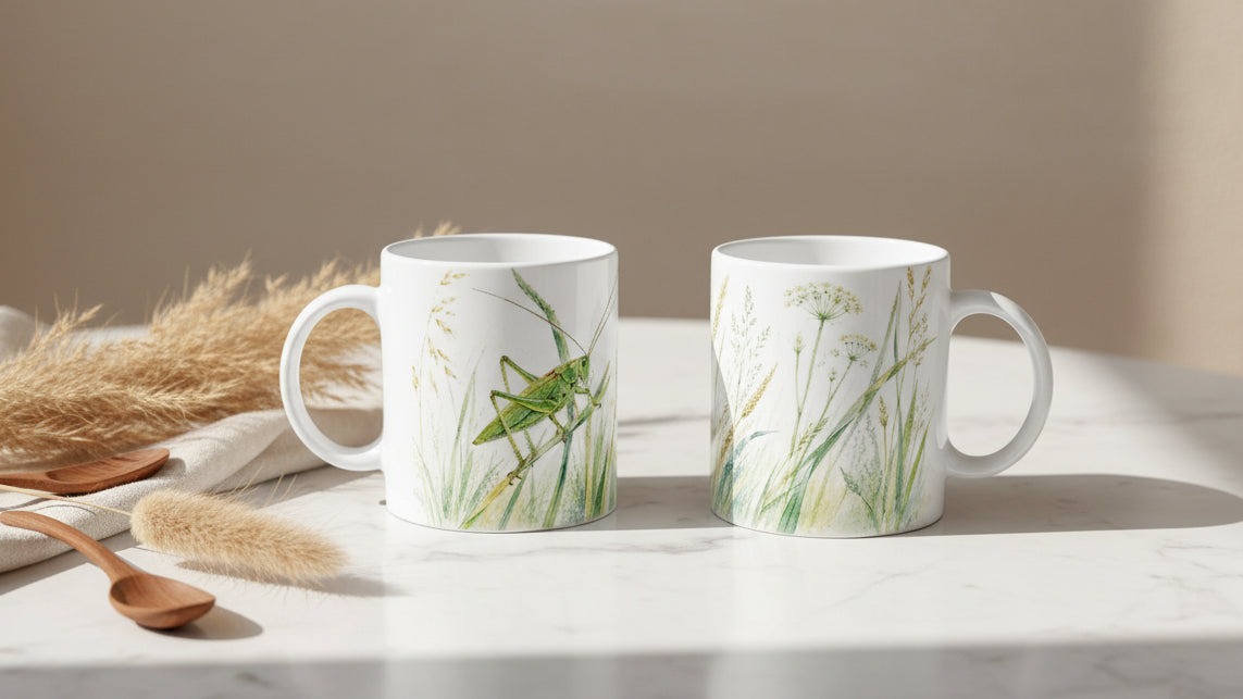 Gegenseite der Grünen-Heupferd-Tasse mit hohen Sommergräsern, goldgelben Ähren und feinen weißen Dolden im transparenten Aquarellstil.