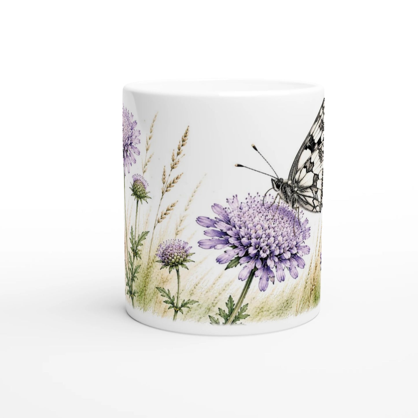 Schachbrettfalter Tasse mit botanischem Aquarell und Tauben-Skabiose