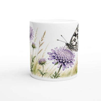 Schachbrettfalter Tasse mit botanischem Aquarell und Tauben-Skabiose