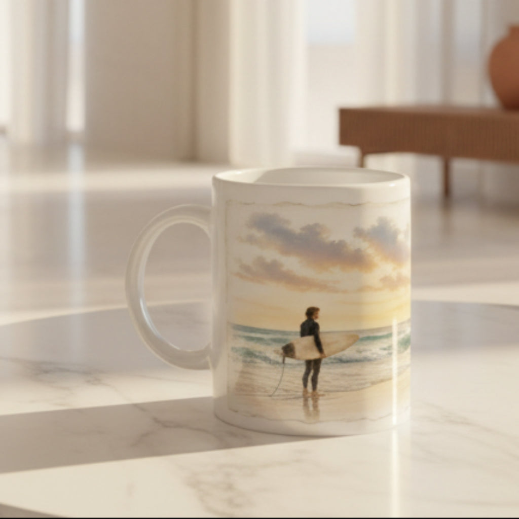 Weiße 330 ml Tasse mit Meer Motiv und sanften Blau- und Sandfarben