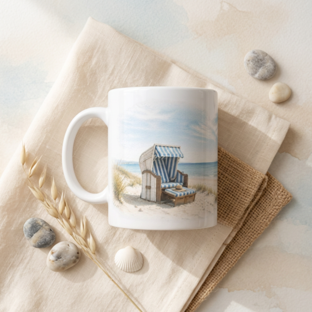 Tasse mit Strandkorbmotiv im Aquarellstil, passend als Urlaubserinnerung an Nordsee oder Ostsee.
