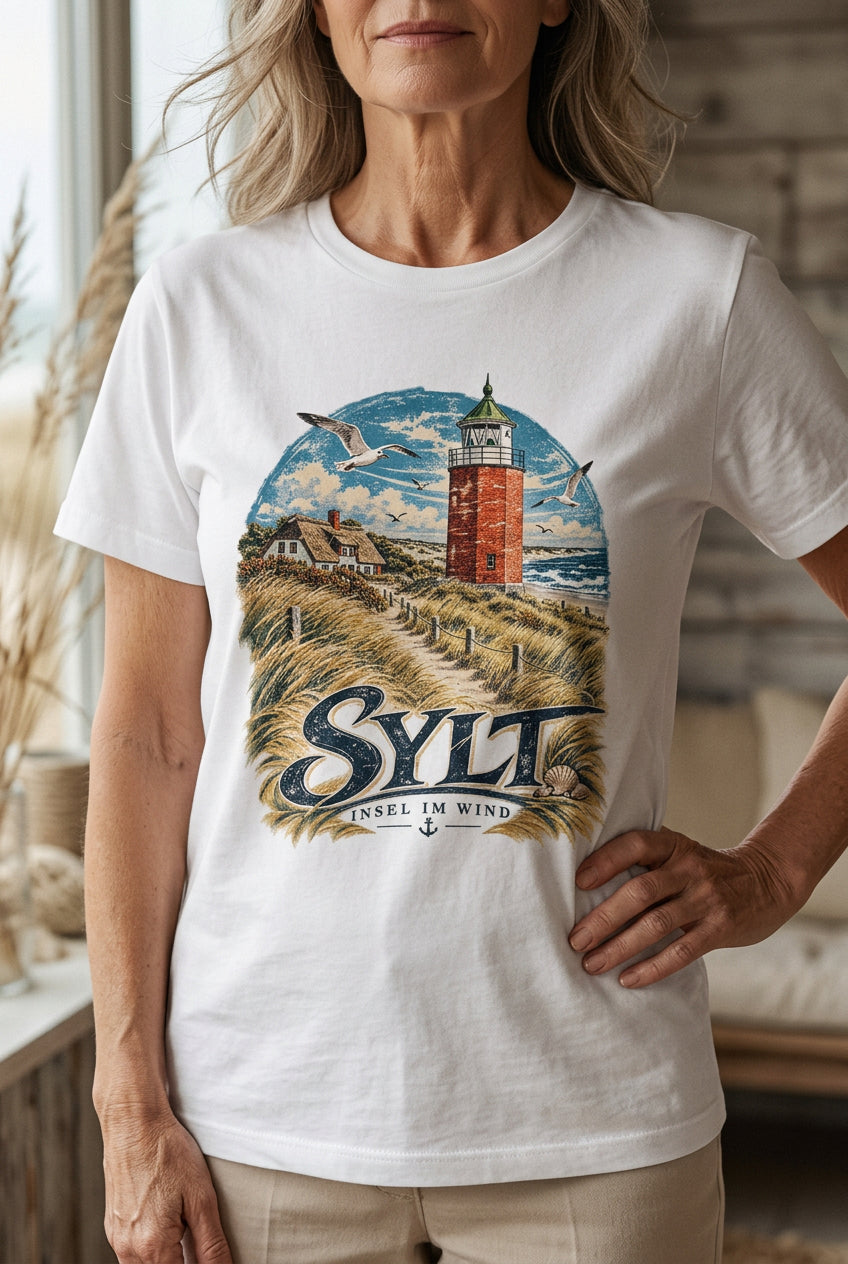 Unisex T-Shirt mit Sylt-Illustration, Leuchtturm und nordischer Dünenlandschaft. Das Motiv erinnert an windige Tage am Nordseestrand und an den Urlaub auf der Insel.