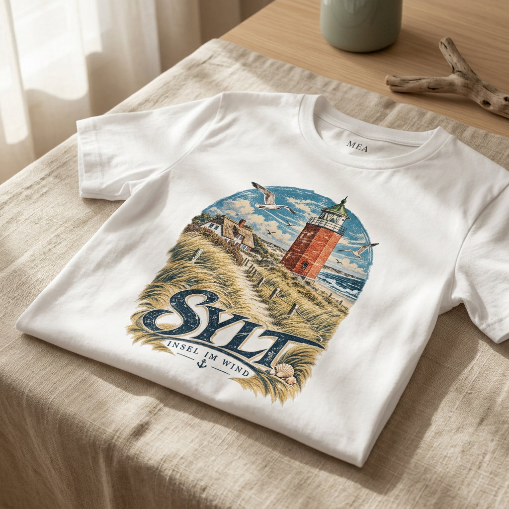 Maritimes Sylt T-Shirt mit Leuchtturm und Dünenlandschaft als Druckmotiv. Das Unisex-Shirt vermittelt Nordsee- und Inselgefühl und ist in Weiß, Blaugrün und Aqua erhältlich.