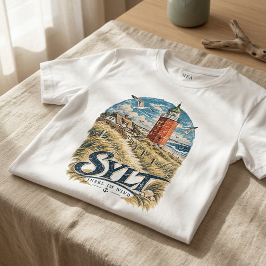 Maritimes Sylt T-Shirt mit Leuchtturm und Dünenlandschaft als Druckmotiv. Das Unisex-Shirt vermittelt Nordsee- und Inselgefühl und ist in Weiß, Blaugrün und Aqua erhältlich.