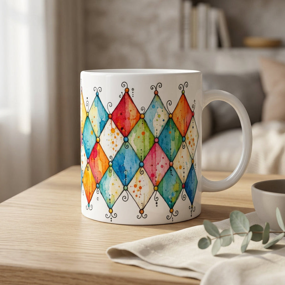 Keramiktasse mit grafischem Aquarell-Rautenmuster im lebendigen Retro-Stil. Das dekorative Design verbindet weiche Farbflächen mit geometrischer Struktur und ist in vier Tassenfarben erhältlich.