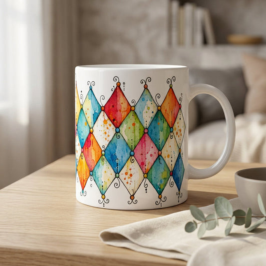 Keramiktasse mit grafischem Aquarell-Rautenmuster im lebendigen Retro-Stil. Das dekorative Design verbindet weiche Farbflächen mit geometrischer Struktur und ist in vier Tassenfarben erhältlich.