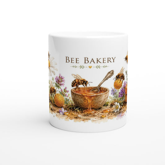 Bienen Keramiktasse mit Waben, Honig und floralem Naturmotiv.