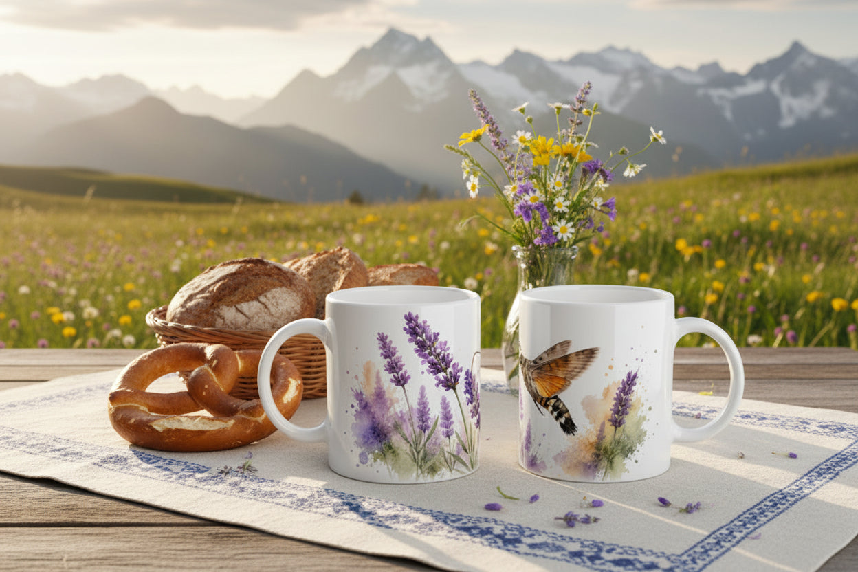 Lavendel Tasse 330 ml mit Taubenschwänzchen im ruhigen sommerlichen Aquarellstil.
