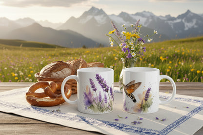 Lavendel Tasse 330 ml mit Taubenschwänzchen im ruhigen sommerlichen Aquarellstil.
