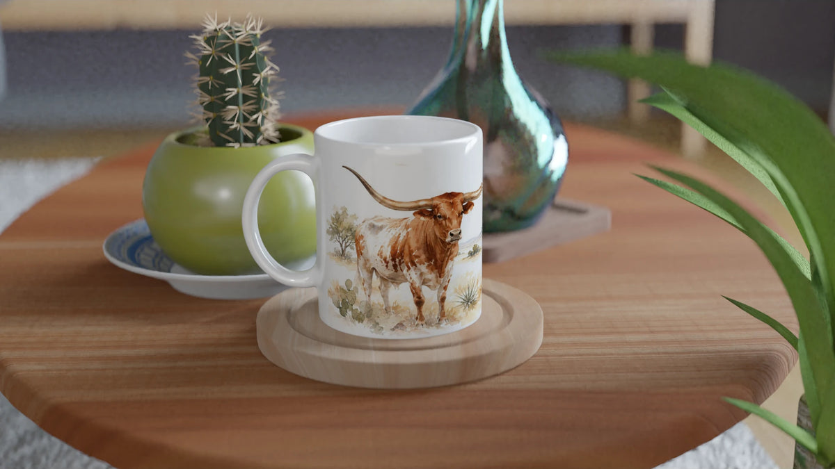 Keramiktasse 330 ml mit zwei Texas Longhorn Rindern und heller Landschaft im amerikanischen Südwesten
