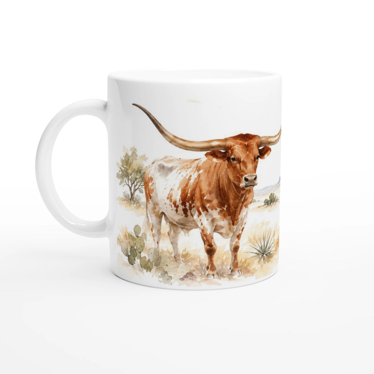 Texas Longhorn Tasse 330 ml mit großem rotbraun-weißem Rind und weit geschwungenen Hörnern im Aquarellstil
