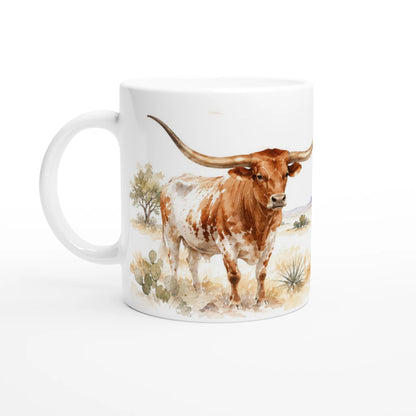 Texas Longhorn Tasse 330 ml mit großem rotbraun-weißem Rind und weit geschwungenen Hörnern im Aquarellstil
