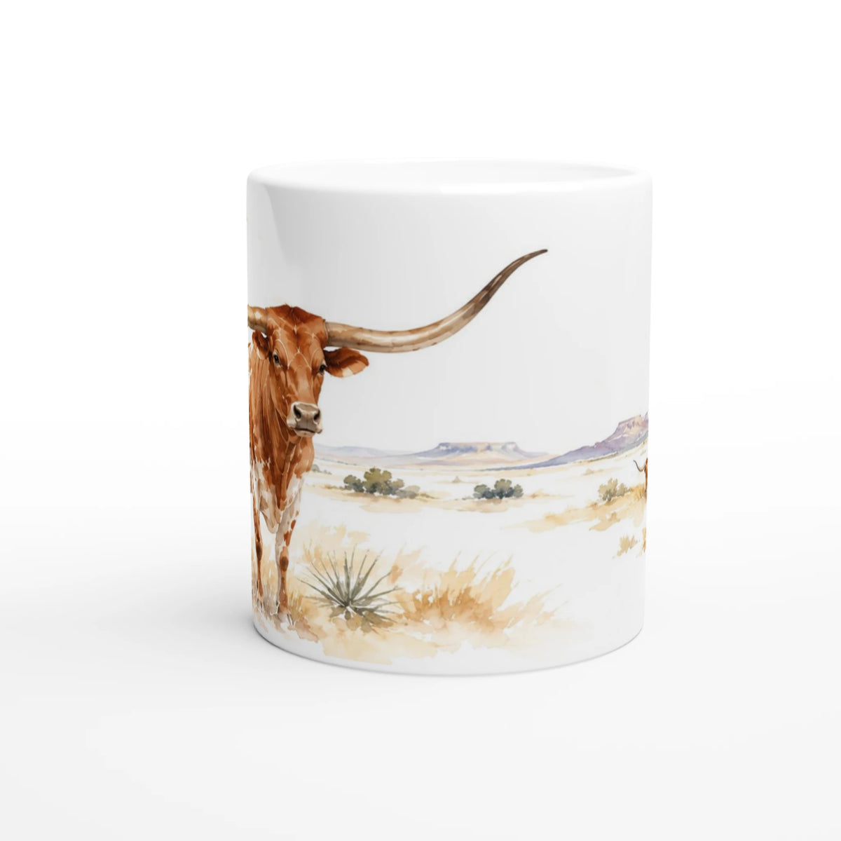Texas Longhorn Rind als helles Aquarellmotiv auf weißer 330-ml-Keramiktasse