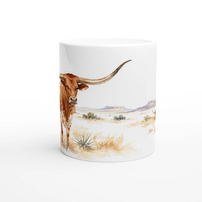Texas Longhorn Rind als helles Aquarellmotiv auf weißer 330-ml-Keramiktasse