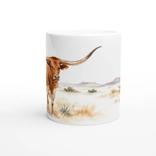 Texas Longhorn Rind als helles Aquarellmotiv auf weißer 330-ml-Keramiktasse