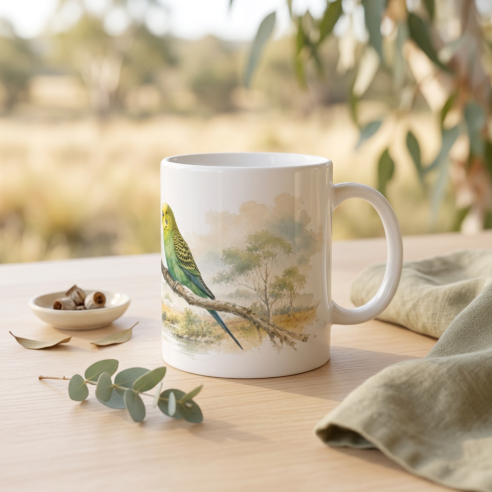 Wellensittich Geschenkidee mit zwei Vögeln als harmonisches Motiv auf weißer Keramiktasse