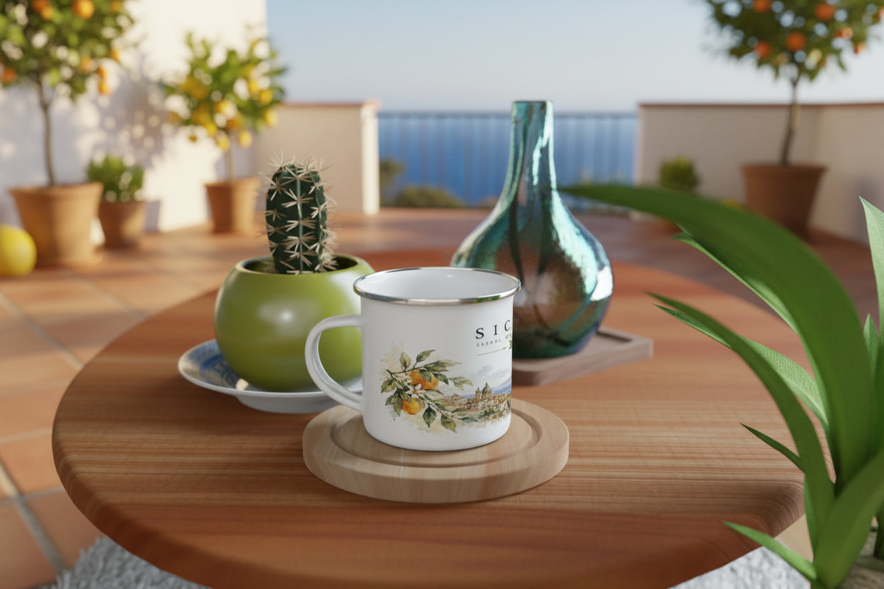 Ätna Panorama auf weißem Emaille-Becher mit Silberrand