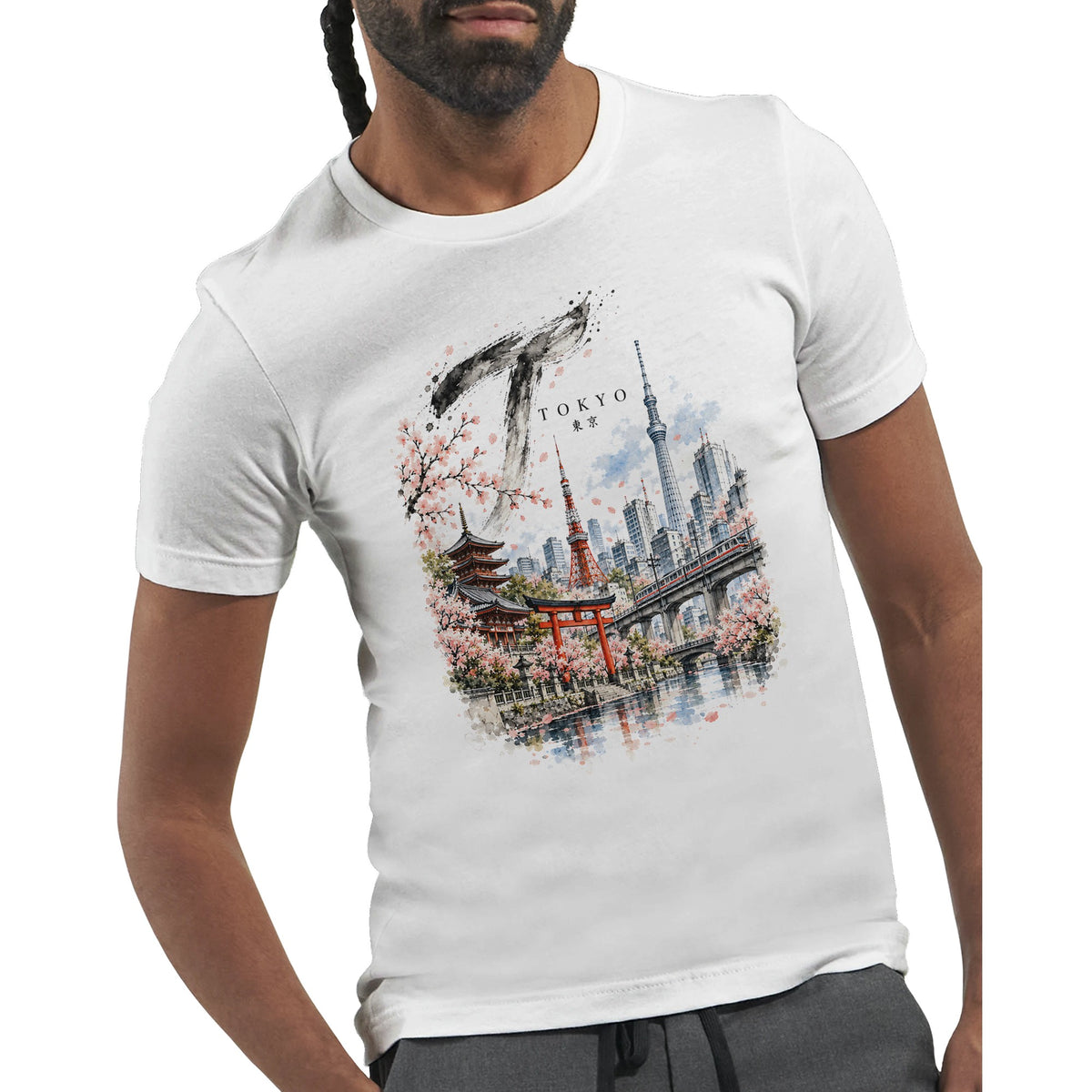 Tokyo T-Shirt mit japanischen Kirschblüten und Tempelarchitektur als Print. Das Design richtet sich an Japan-Reisende und Liebhaber atmosphärischer Stadtillustrationen.