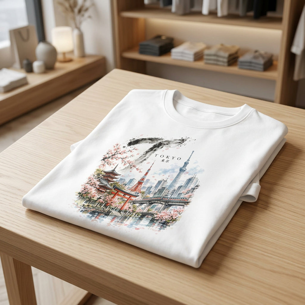 T-Shirt mit Tokyo-Motiv und Sakura-Kirschblüten in malerischer Aquarelloptik. Skyline und traditionelle Architektur zeigen zwei Seiten der japanischen Metropole.