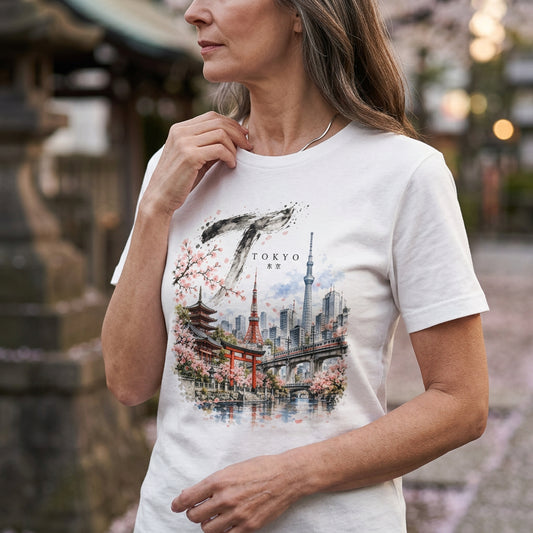 Tokyo Unisex T-Shirt mit japanischer Skyline, zarten Kirschblüten, Torii und Tempelarchitektur im Aquarellstil. Das Motiv verbindet Großstadtatmosphäre mit traditionellen japanischen Elementen.