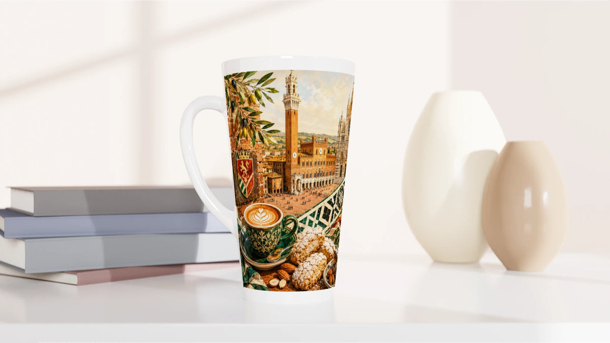 Toskana Latte Tasse mit Siena Architektur, Olivenzweigen, Kaffee und traditionellen Süßwaren