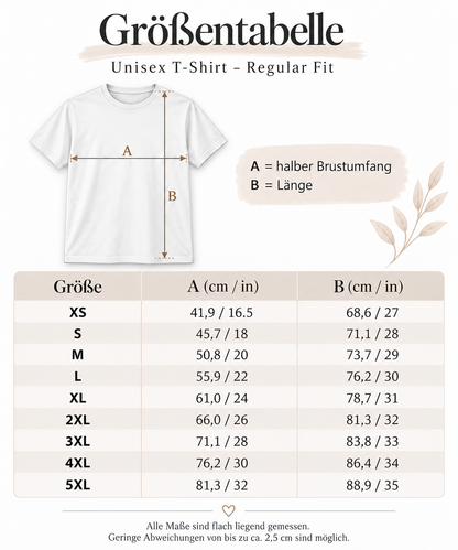 Größentabelle für das maritime Unisex T-Shirt mit Sylt-Motiv zur Auswahl der passenden Konfektionsgröße. Beachten Sie die aufgeführten Körper- beziehungsweise Kleidungsmaße.
