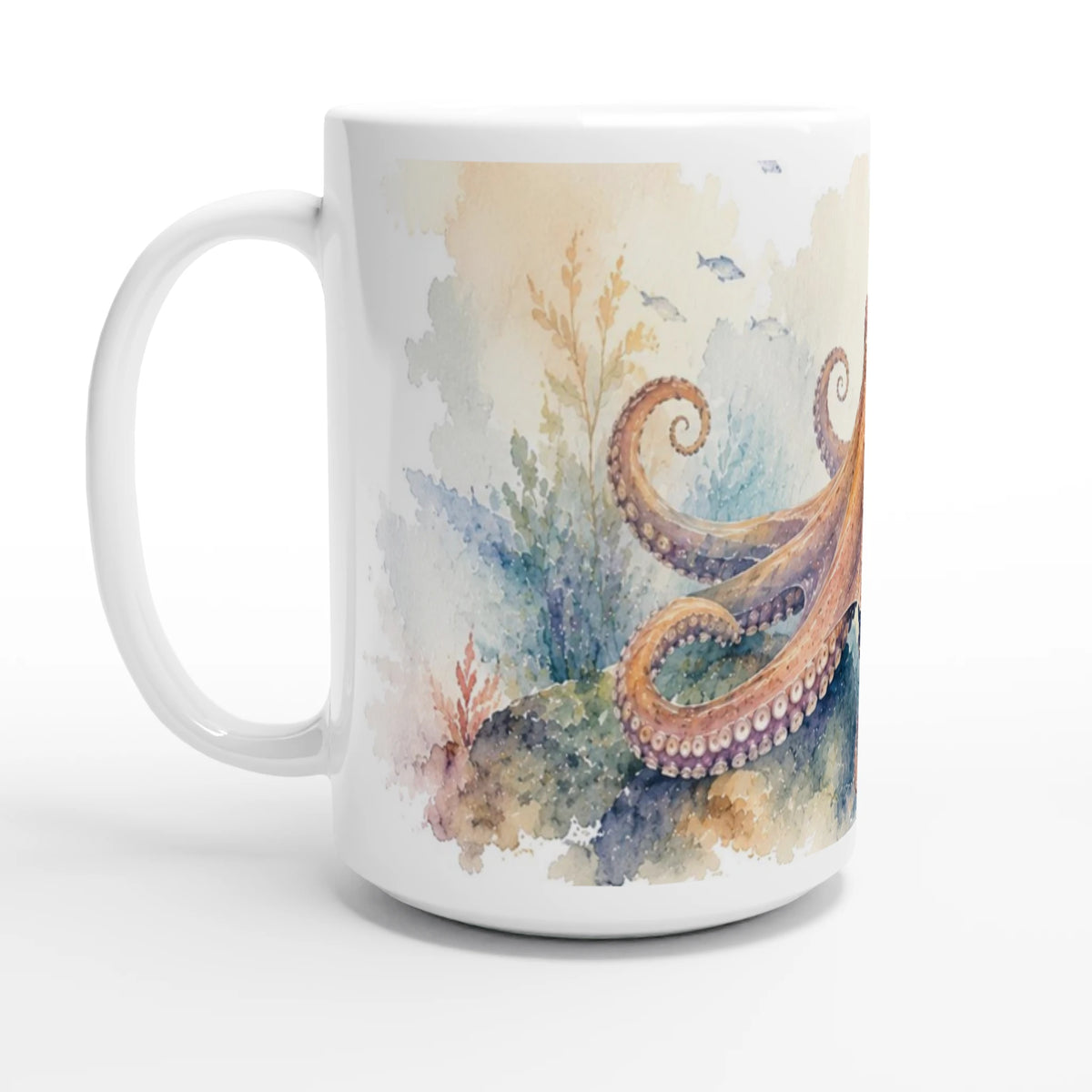 Weiße Tasse mit Oktopus, Wasserpflanzen und Korallen in heller aquarellierter Unterwasserszene