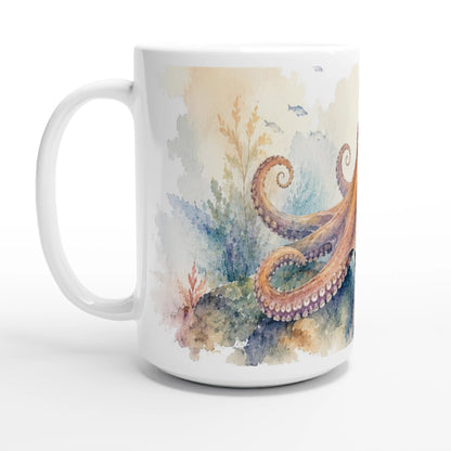 Weiße Tasse mit Oktopus, Wasserpflanzen und Korallen in heller aquarellierter Unterwasserszene