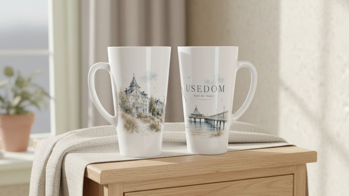 Weiße Usedom Latte Tasse mit Henkel rechts und zentraler Ansicht der Seebrücke Heringsdorf unter dem Insel-Schriftzug