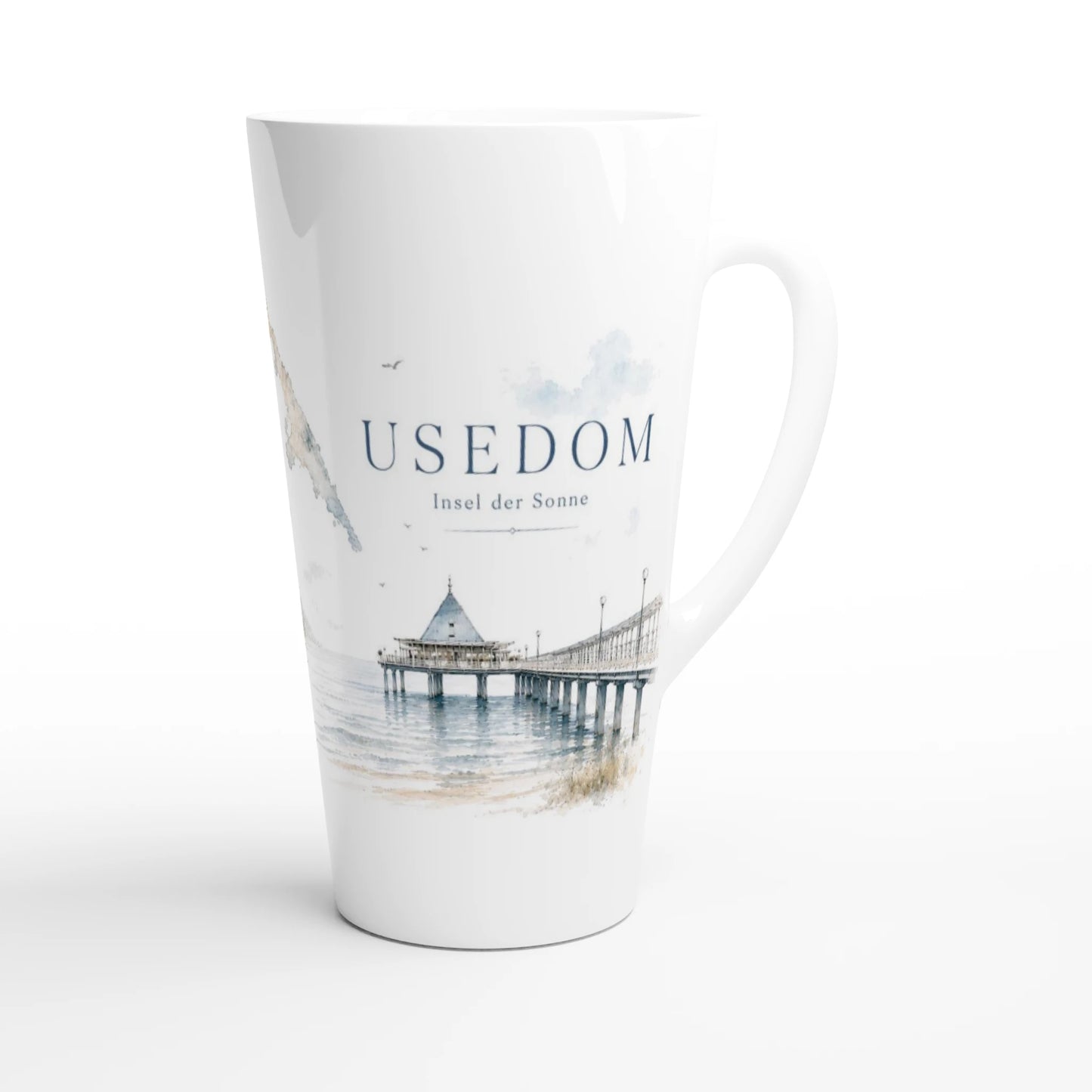 Usedom Latte Tasse mit Seebrücke Heringsdorf, Ostseewasser und dem Schriftzug Usedom – Insel der Sonne