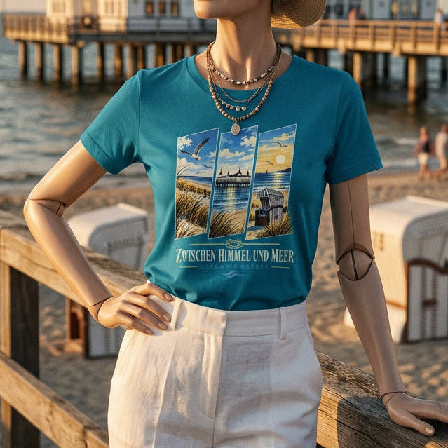 Maritimes Usedom T-Shirt mit Strandkorb, Seebrücke und weiter Ostsee-Landschaft. Das Motiv vermittelt die ruhige Atmosphäre eines Tages am Meer.
