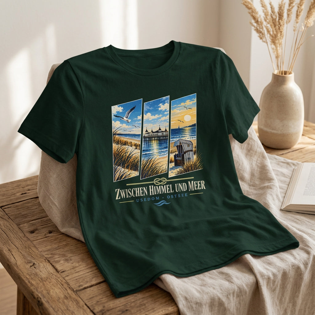 Usedom Unisex T-Shirt mit Ostsee-Strandmotiv, Seebrücke und Strandkorb. Die maritime Illustration erinnert an Urlaubstage zwischen Himmel und Meer und ist in Wald oder Aqua erhältlich.