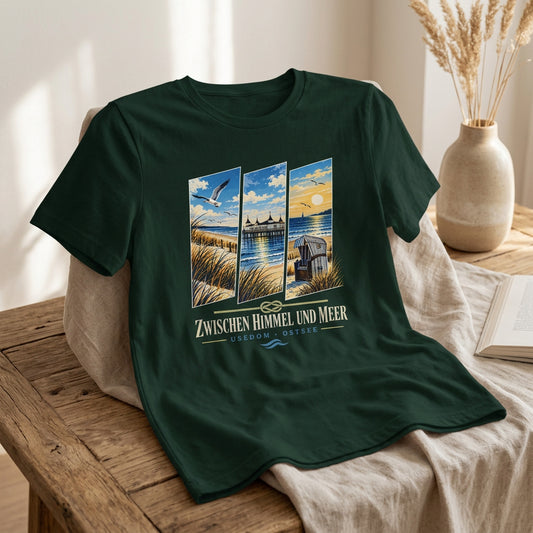 Usedom Unisex T-Shirt mit Ostsee-Strandmotiv, Seebrücke und Strandkorb. Die maritime Illustration erinnert an Urlaubstage zwischen Himmel und Meer und ist in Wald oder Aqua erhältlich.