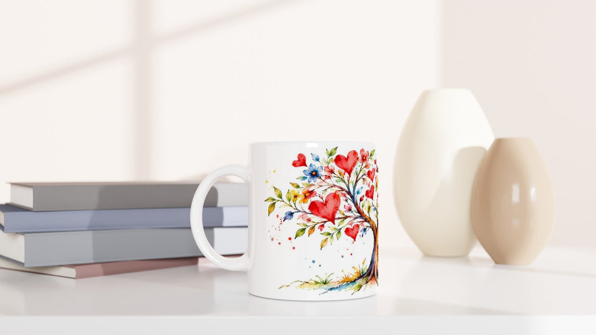 Baum der Liebe als romantisches Motiv auf einer 330-ml-Tasse: Verliebte Vögel und Herzen stehen im Mittelpunkt der Aquarellillustration für den Valentinstag.