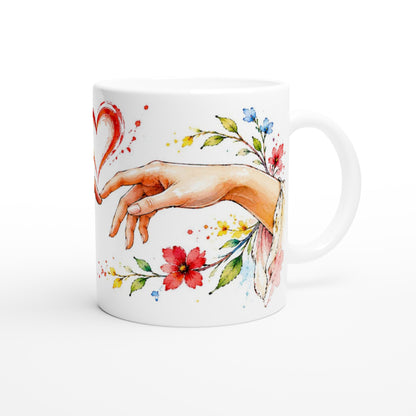 Tasse als Geschenk zum Valentinstag mit zwei Händen und rotem Herz. Die Illustration ist in zarter Aquarelloptik gestaltet.