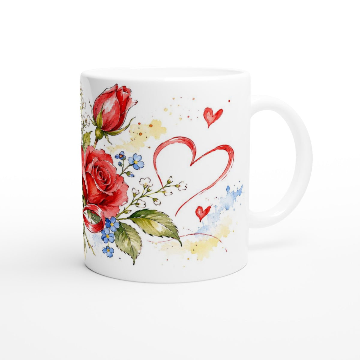 Valentinstag-Tasse mit rotem Rosenmotiv und kleinen Herzen in Aquarelloptik. Die romantische Keramiktasse ist als liebevolles Geschenk für einen Lieblingsmenschen gedacht.