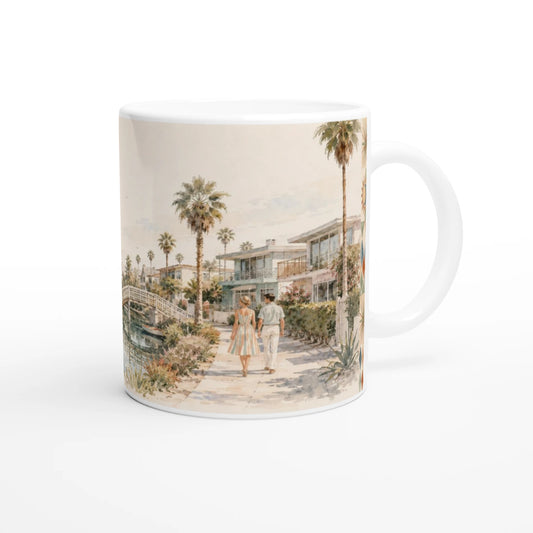 Venice California Tasse 0,33 l mit nostalgischem Kanal- und Palmenmotiv in einem dekorativen Wohnambiente mit Holztisch, Kaktus und grünen Pflanzen