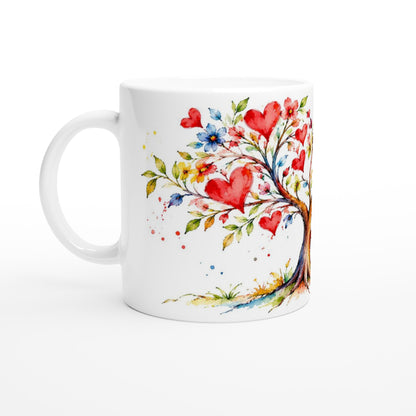 Romantische Keramiktasse mit einem Vogelpaar, Herzsymbolen und einem Baum im malerischen Aquarellstil. Ein liebevolles Motiv für den täglichen Kaffee oder Tee.