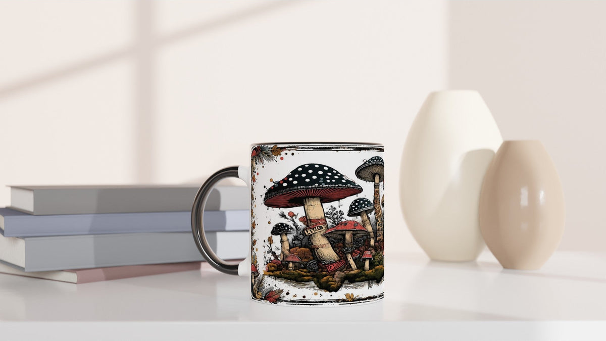 Vintage-Tasse mit Waldpilzen und Fliegenpilzmotiv, inspiriert von Moos, Waldboden und Herbstnatur. Die Keramiktasse wird in Weiß, Rot und Schwarz angeboten.