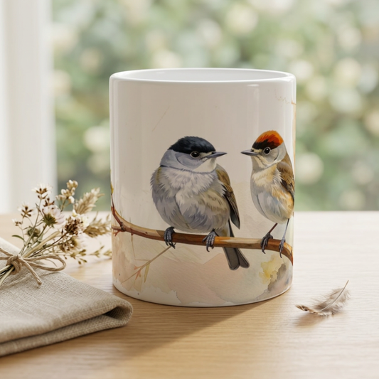 Mönchsgrasmücke Tasse 330 ml mit Vogelpaar auf einem Ast und feiner Naturillustration auf weißer Keramik